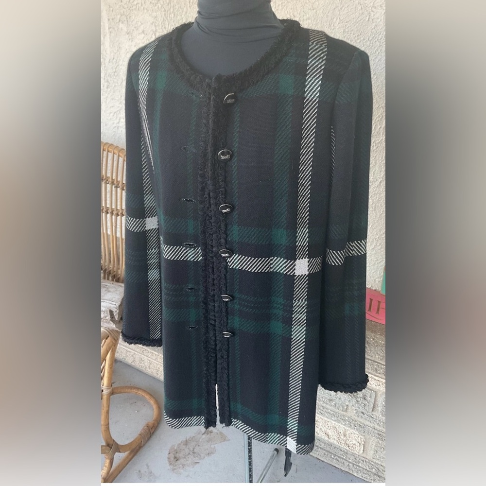 LKNU ST JOHN green blue plaid wool blend cardigan sweater coat 8 M